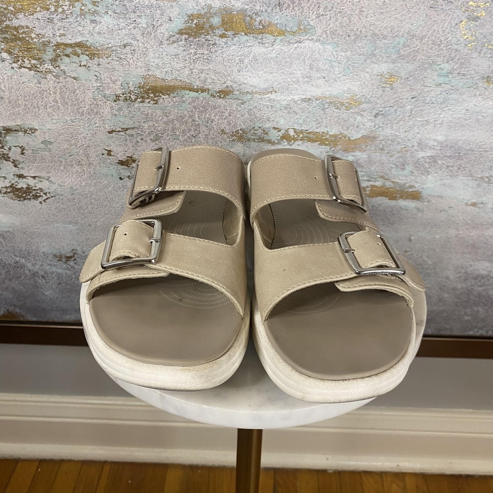 Clarks Cloudsteppers Sandals Shoes Womens Size 11 Beige Slide Double Buckle - Picture 3 of 9
